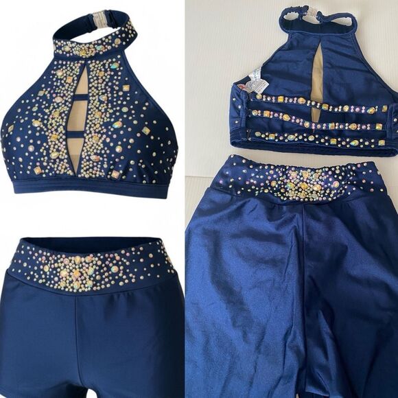 Glamour solo dance costume 2 piece navy blue embellished pants top SA-Small adul - Picture 1 of 13